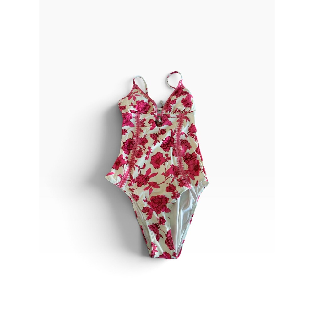 Cupshe Pink Floral One Piece Swimsuit Crochet Trim Keyhole Back Tie M NEW